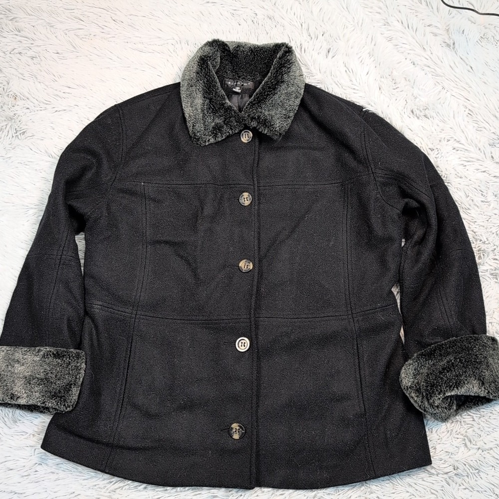 Vintage Braetan Jacket Womens M Black Wool Blend Coat Pockets Button Up Preppy